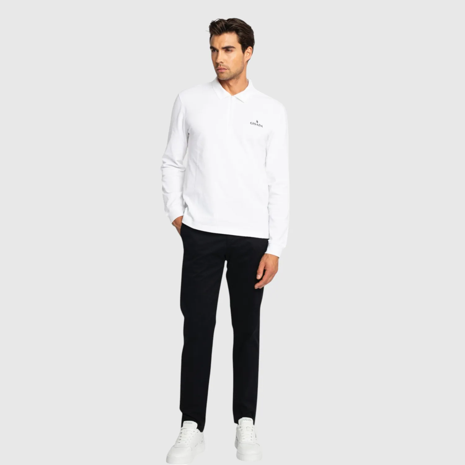 Gisada Zip-Up Polo langermet poloskjorte hvit